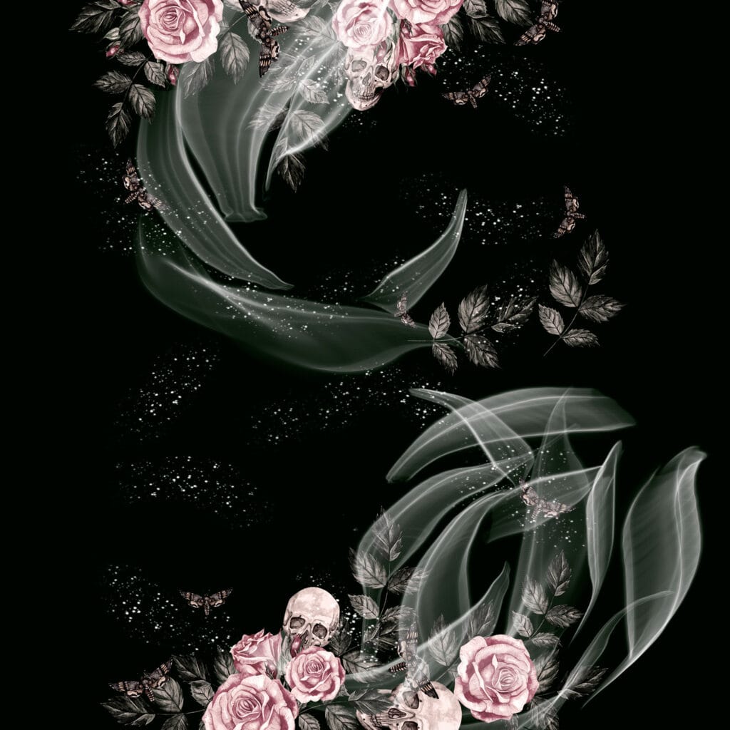 Watercolor card with skulls and roses. Illustration