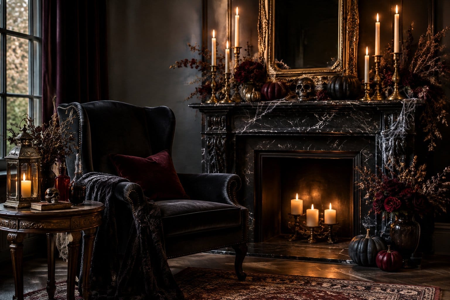 A dark room decorated with candles, pumpkins, flowers, and antique furnishings.