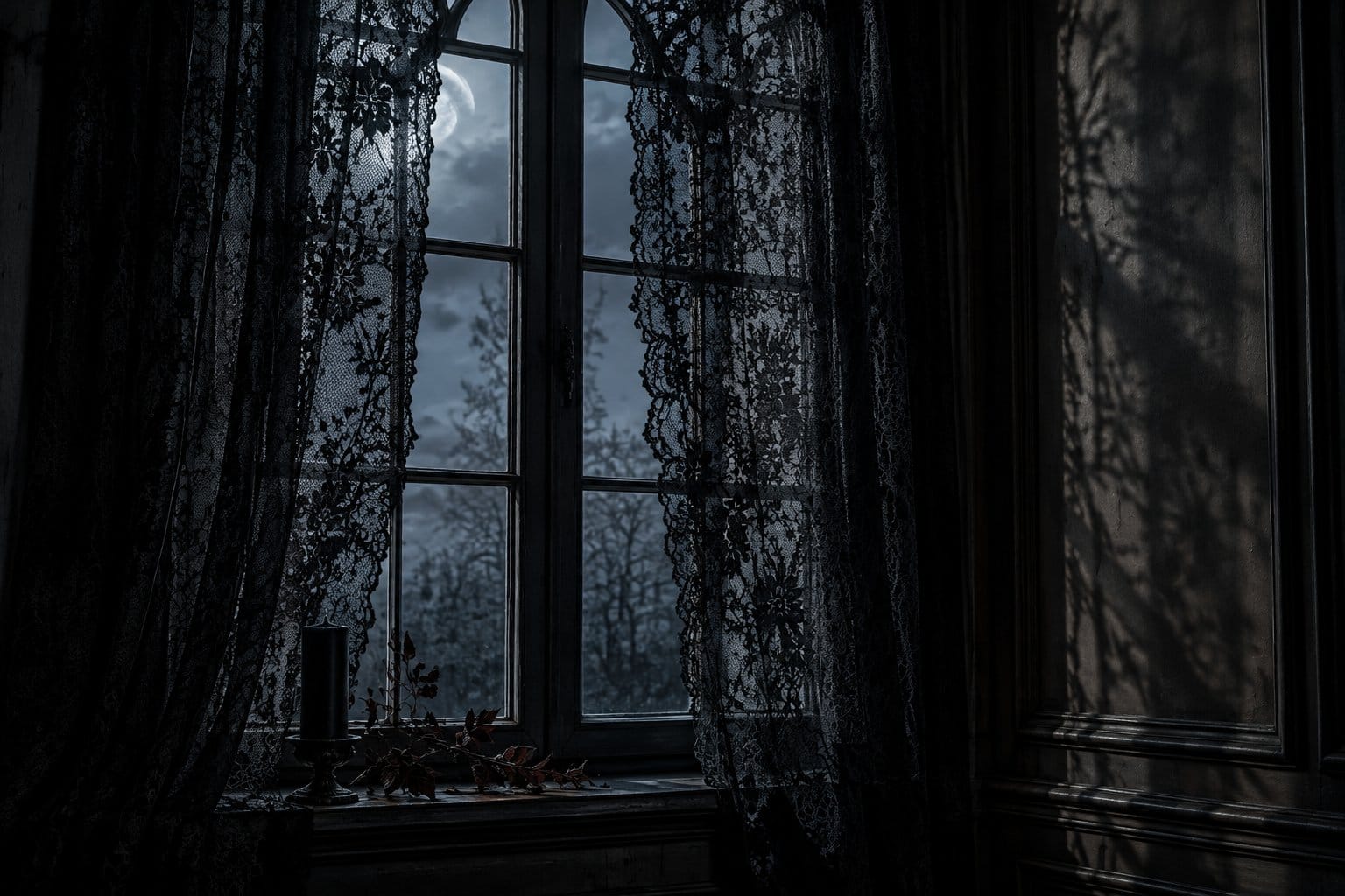 Black lace curtains hang over a tall window.
