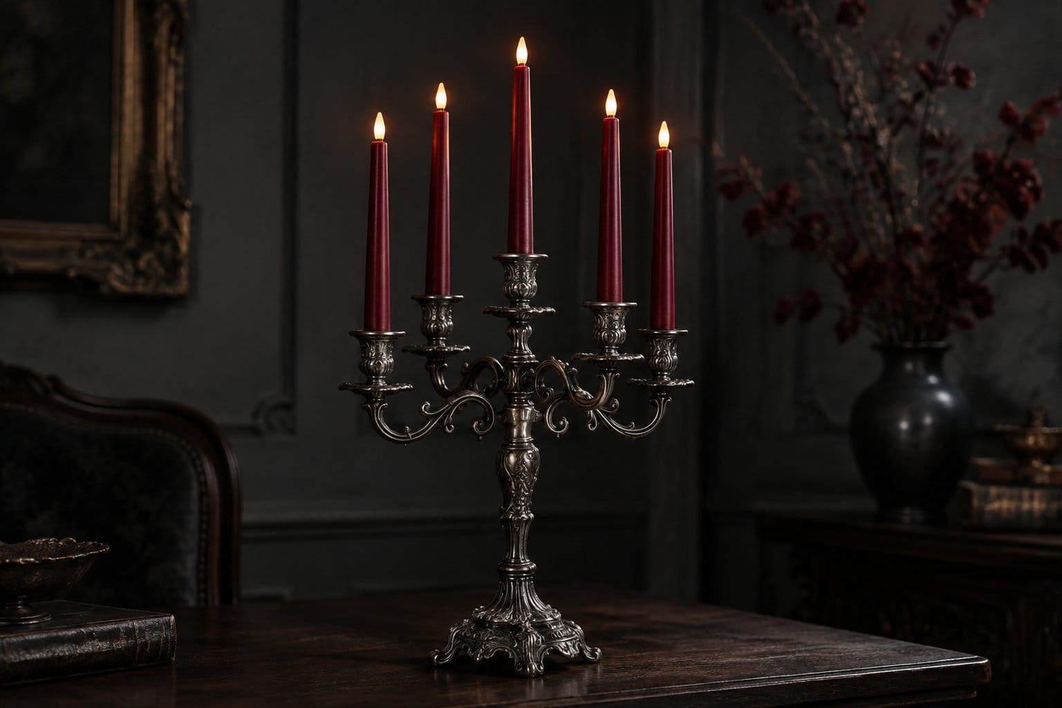 An antique candelabra holds several glowing crimson taper candles on a dark table.