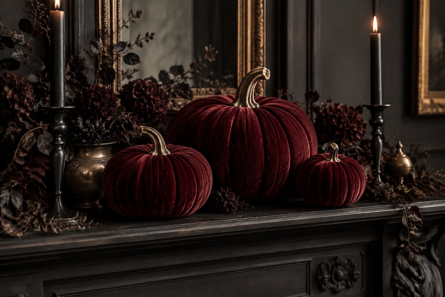 Burgundy velvet pumpkins arranged on a fireplace mantel.
