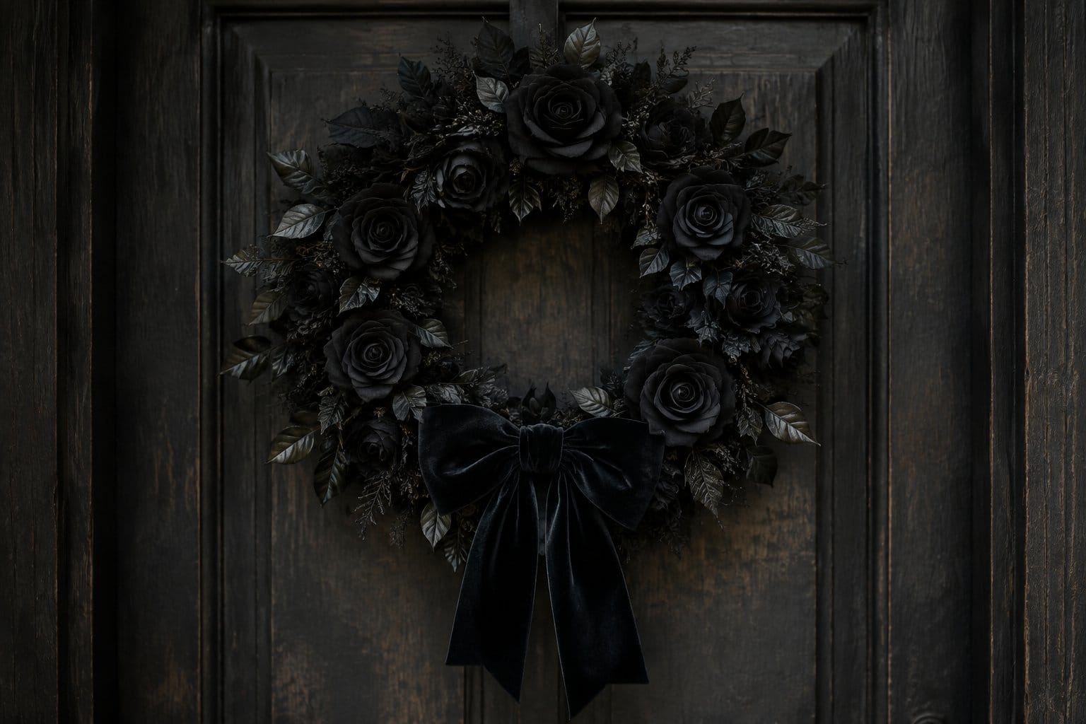 A wreath of black roses with a black bow hangs on a wooden door.
