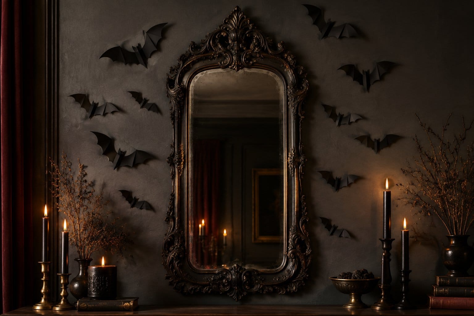 An ornate mirror surrounded by black paper bats on a dark wall.