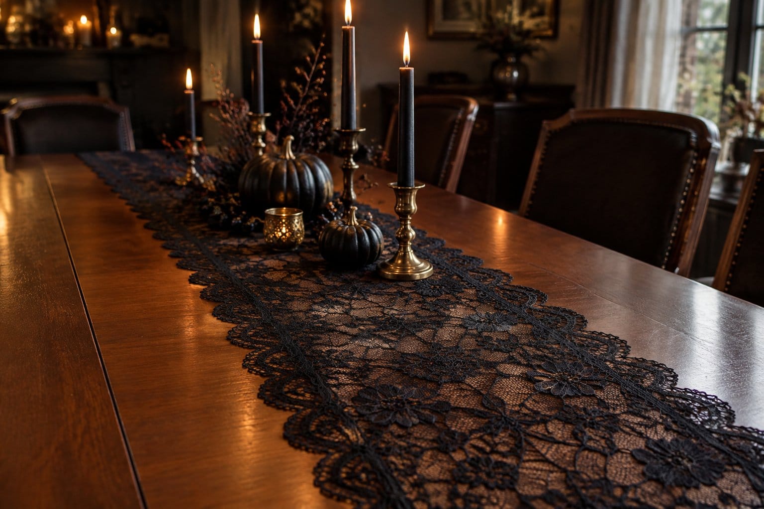 A black lace runner stretches across a wooden dining table with candles and small pumpkins.