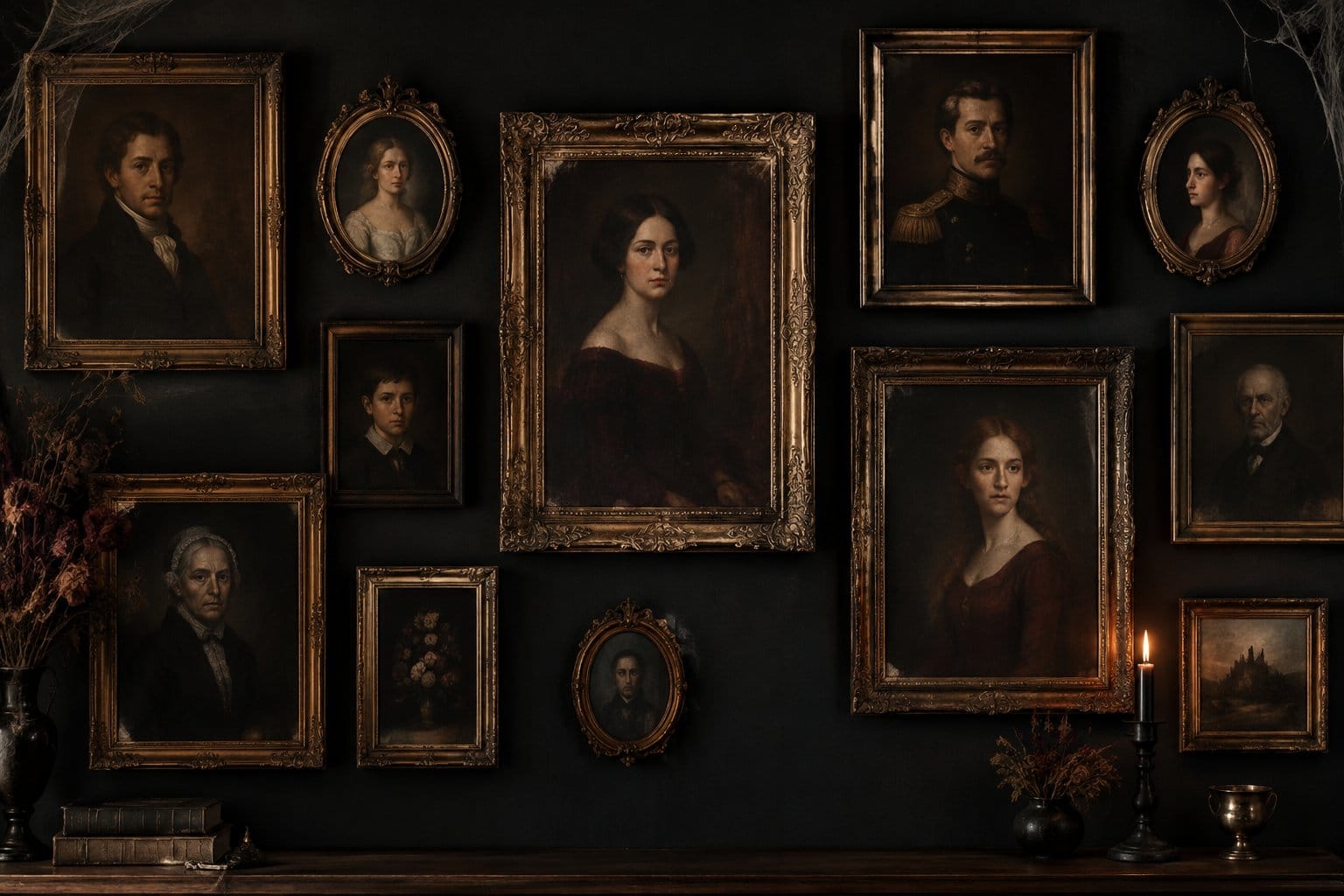 Vintage portraits in ornate frames arranged on a dark wall.