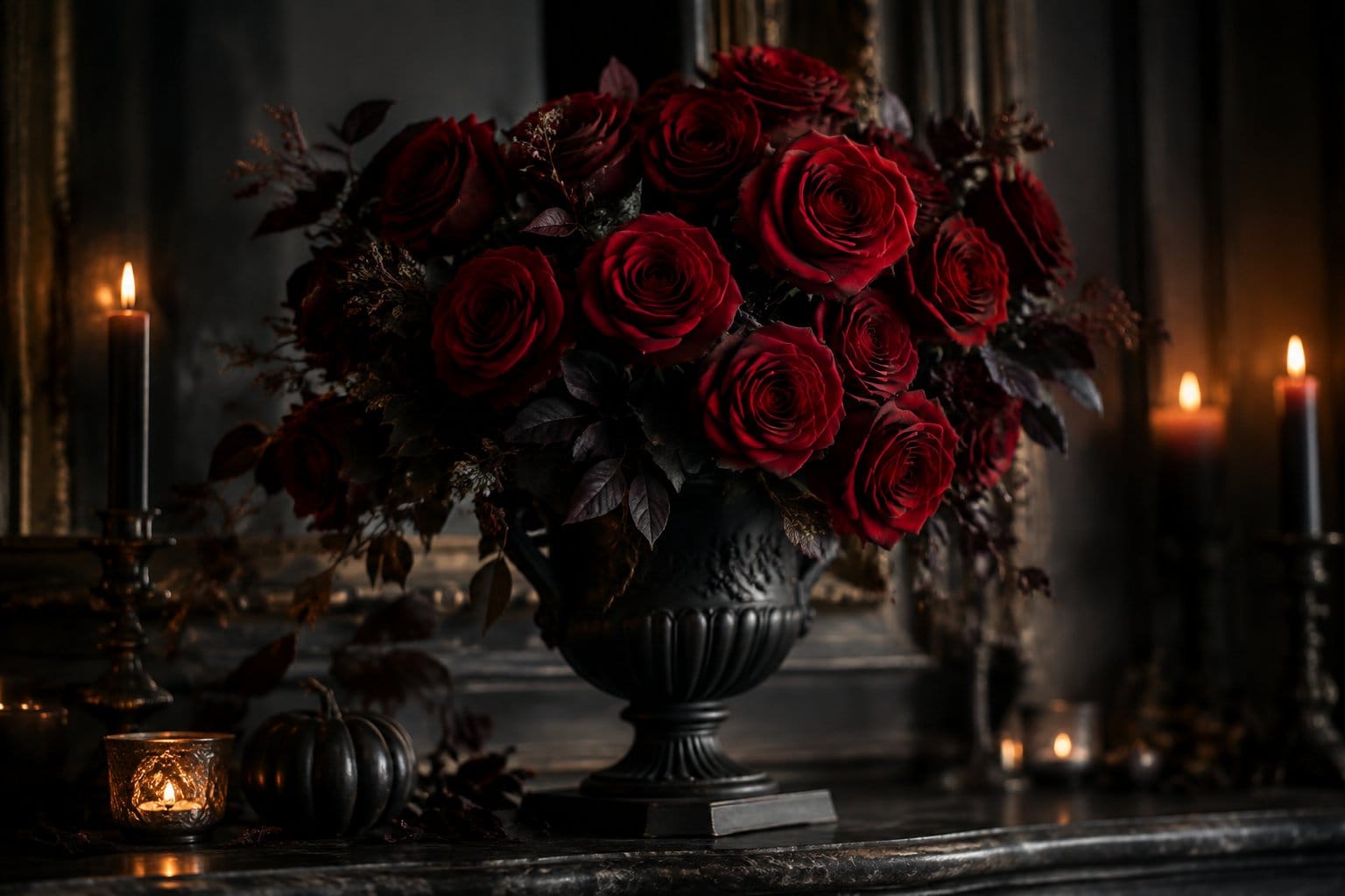 Dark red roses arranged in a black urn.