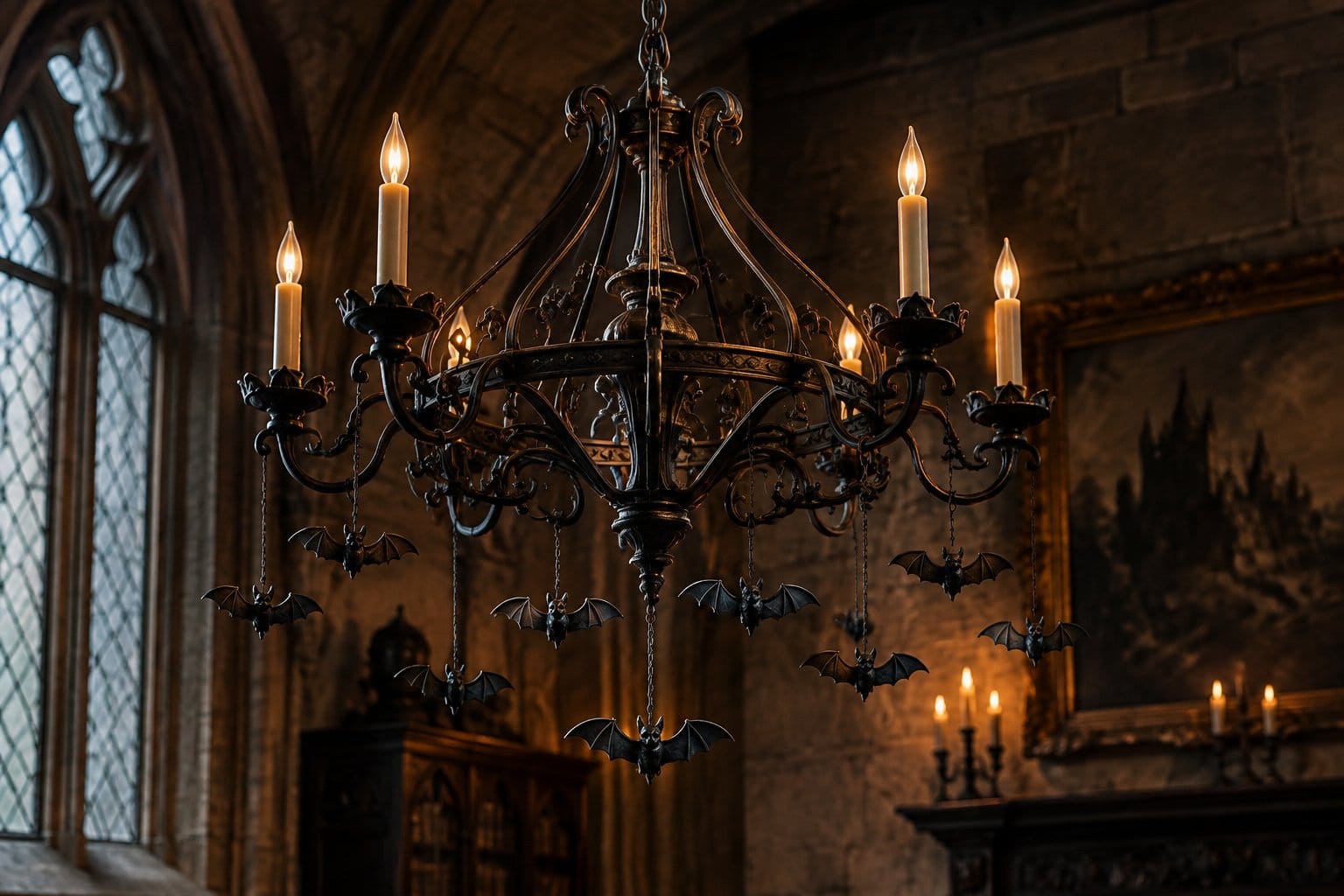 A black chandelier with small bats hanging from its curved arms.