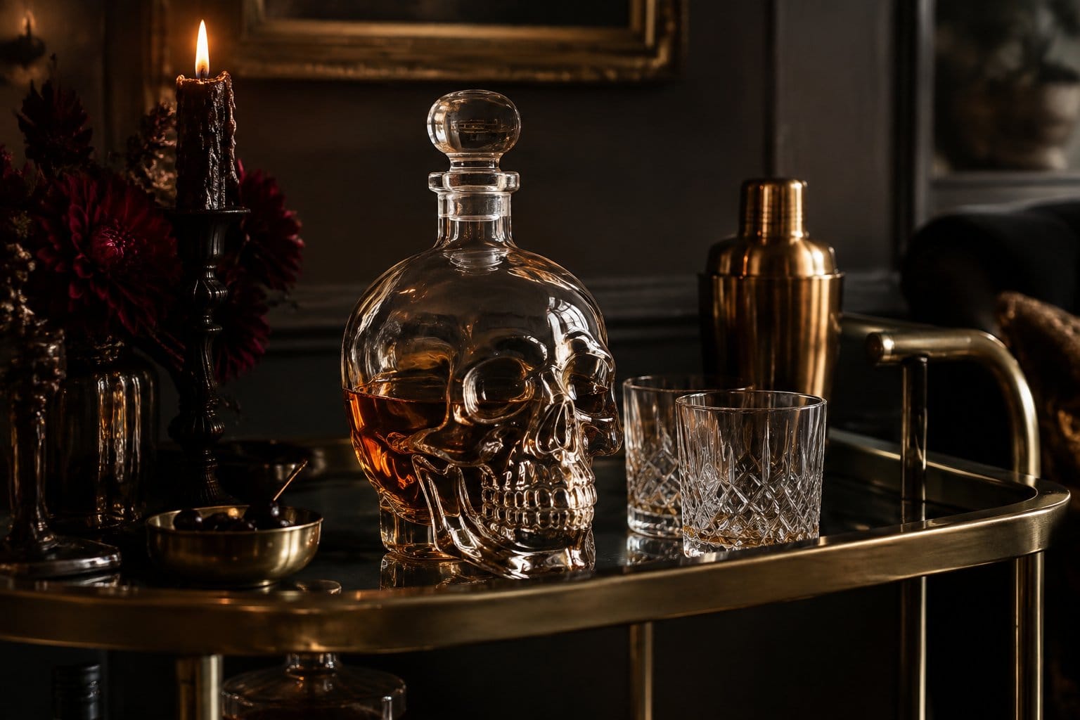 A skull-shaped decanter sits on a bar cart with glasses and dark floral accents.