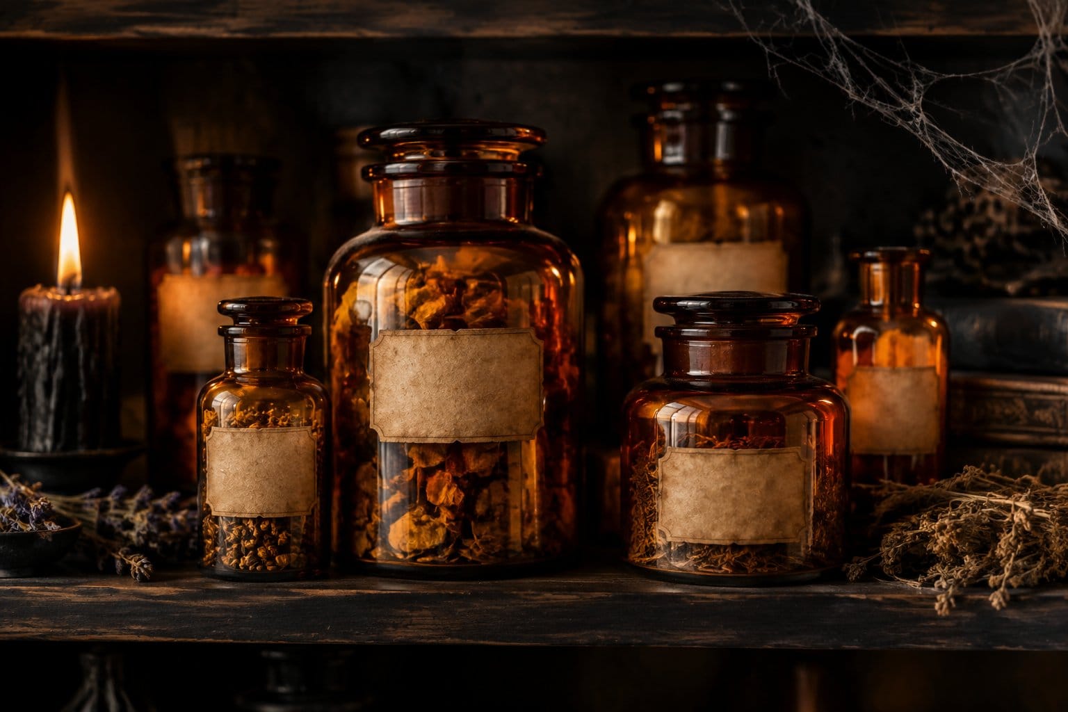 Amber glass jars arranged on a wooden shelf with dried herbs and a candle.