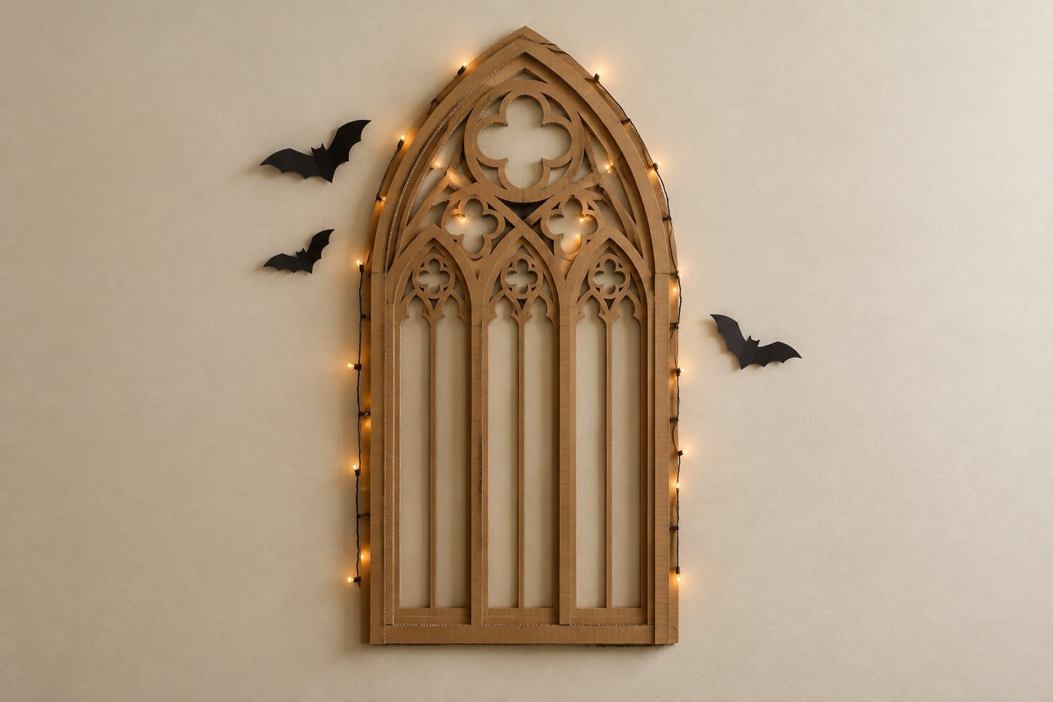 A cardboard Gothic window decoration hangs on a blank wall.