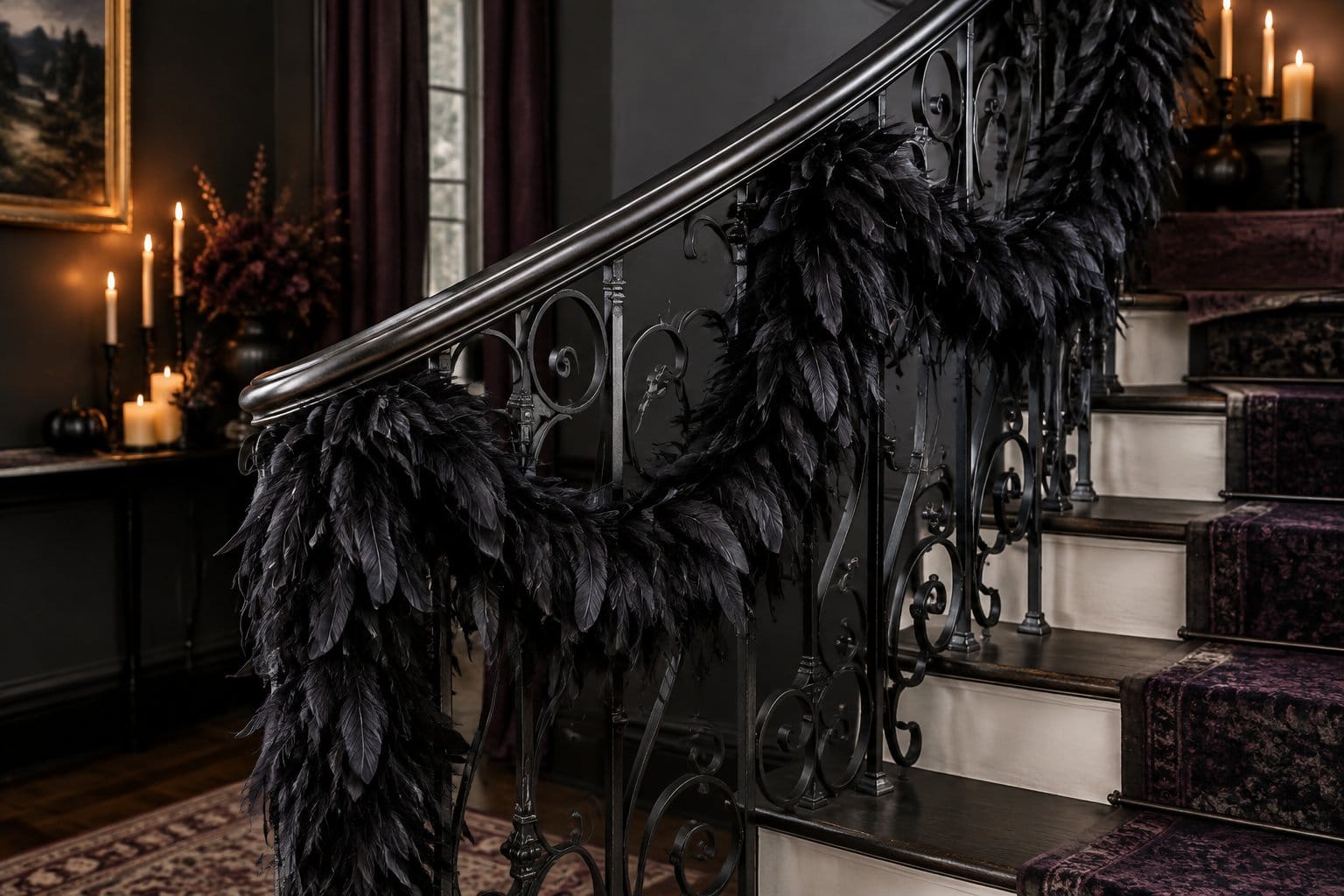 A black feather garland draped along a staircase railing.