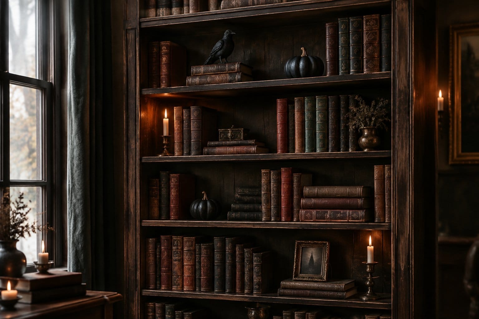 A dark wooden bookshelf filled with antique-style books and small Halloween decorations.