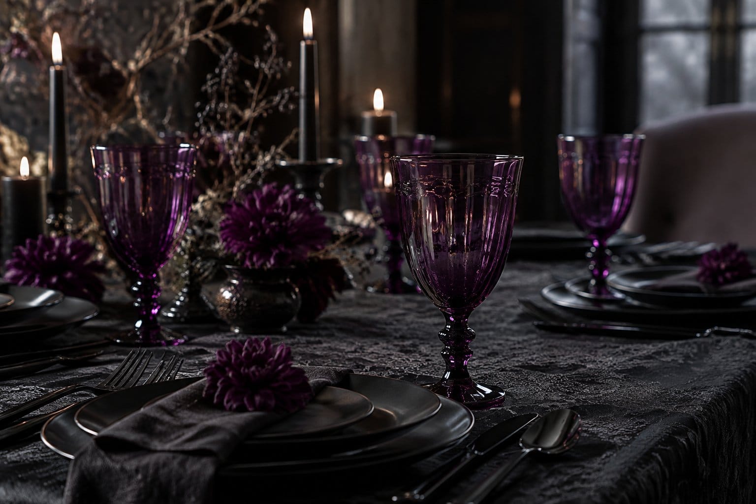 Purple glass goblets and black dinnerware arranged on a decorated table.