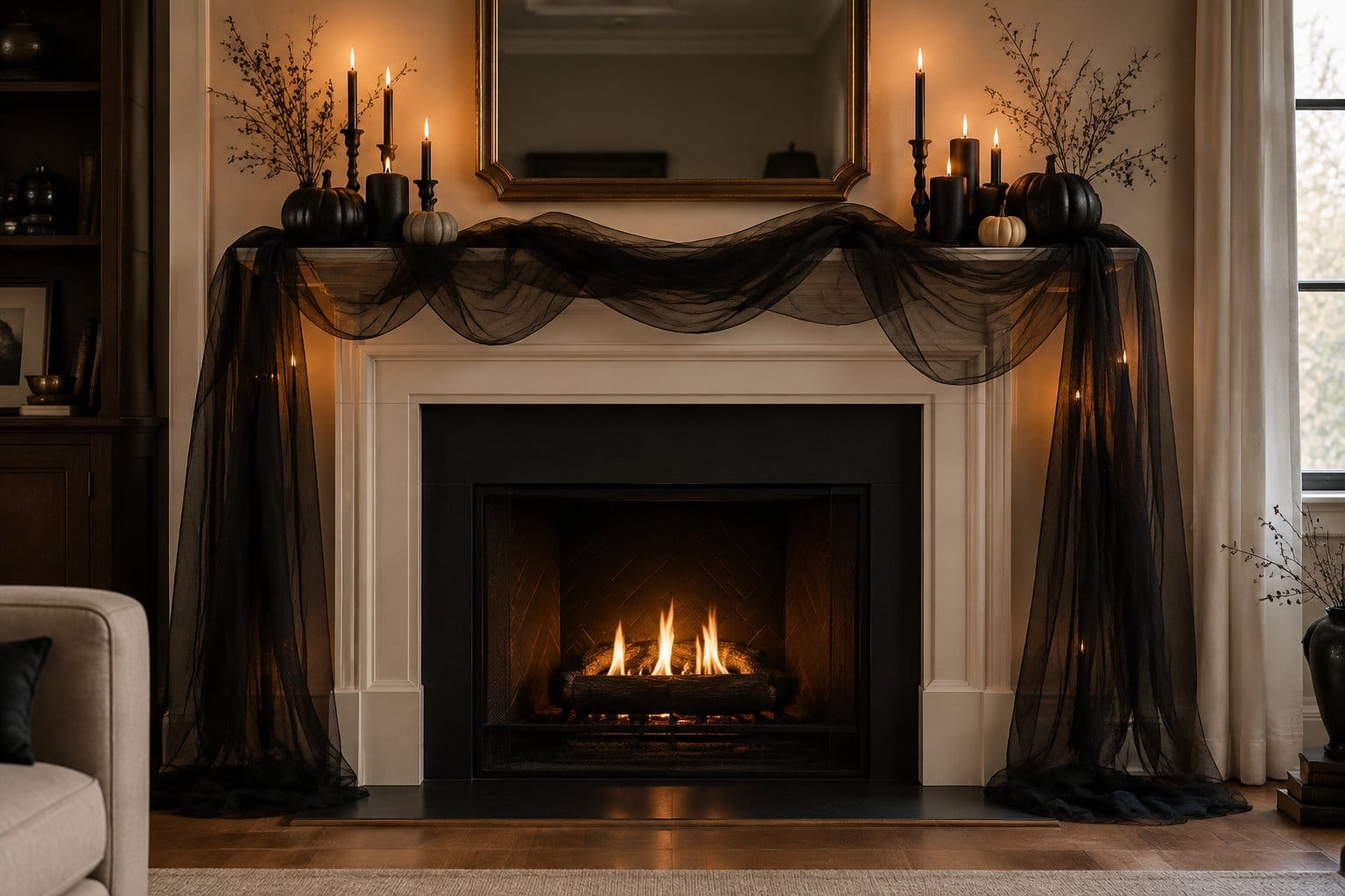 Black tulle drapes across a fireplace mantel decorated with candles and small pumpkins.