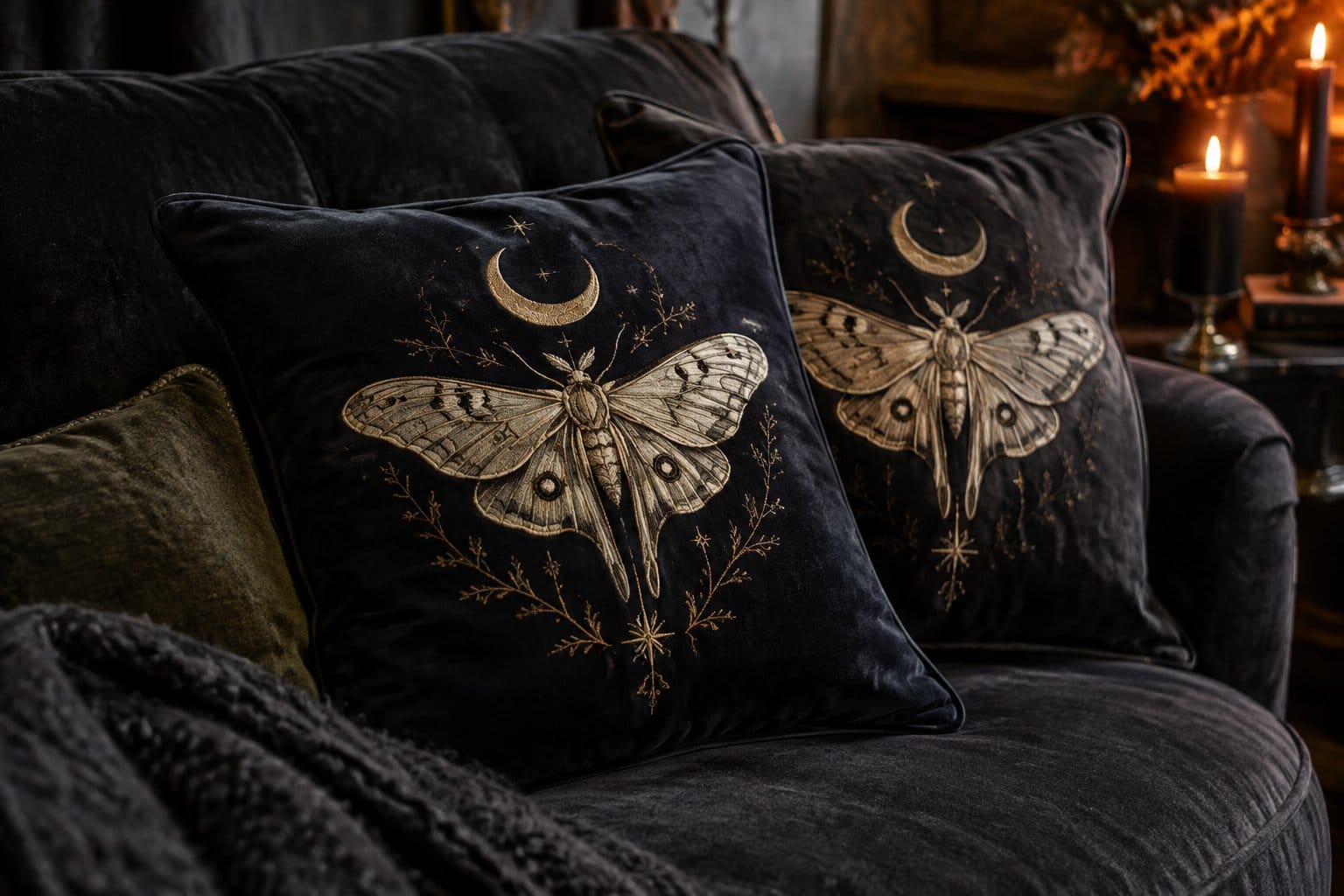 Two embroidered moth-and-moon pillows rest on a dark chair.