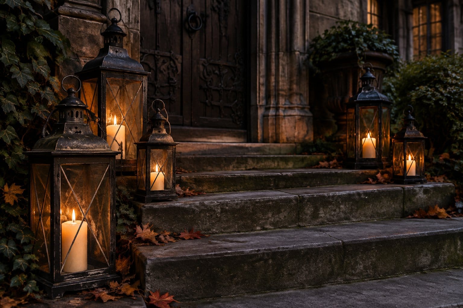 Weathered lanterns glowing on the steps of a home.