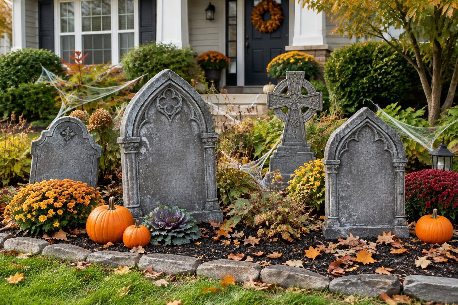 Decorative faux tombstones arranged among autumn plants in a front-yard garden.