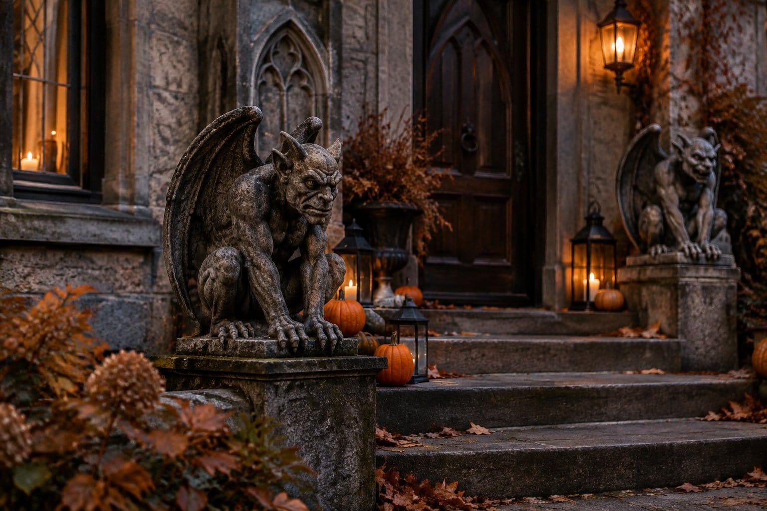 Stone gargoyle figurines sit beside pumpkins on a porch.