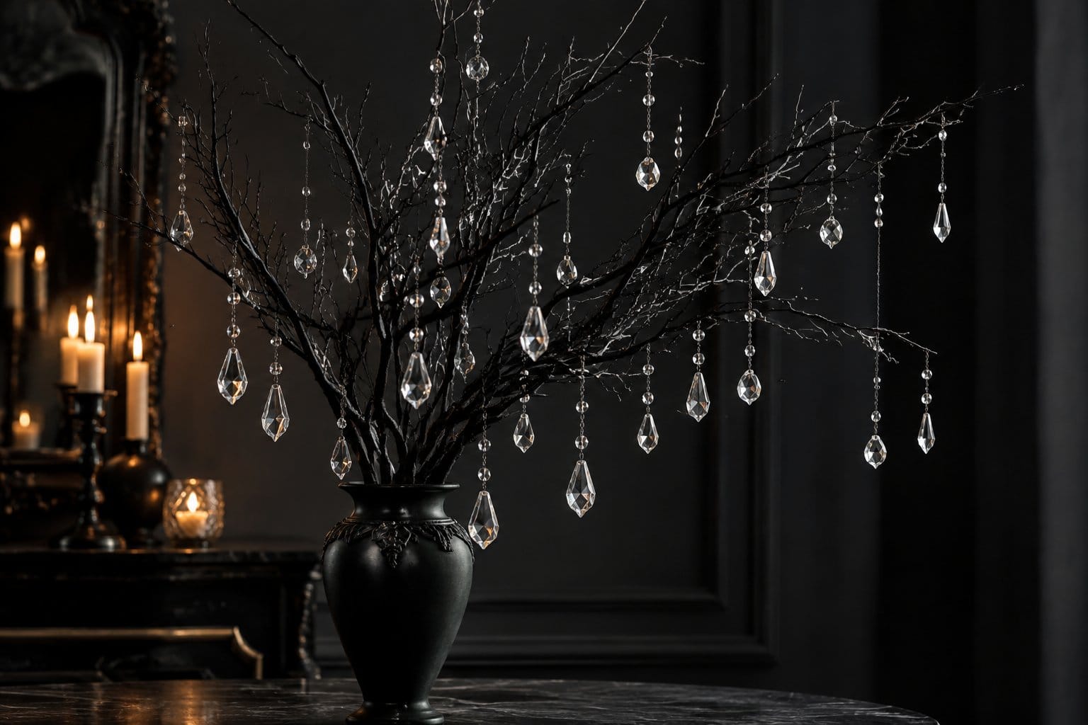 Black branches decorated with hanging crystal drops.