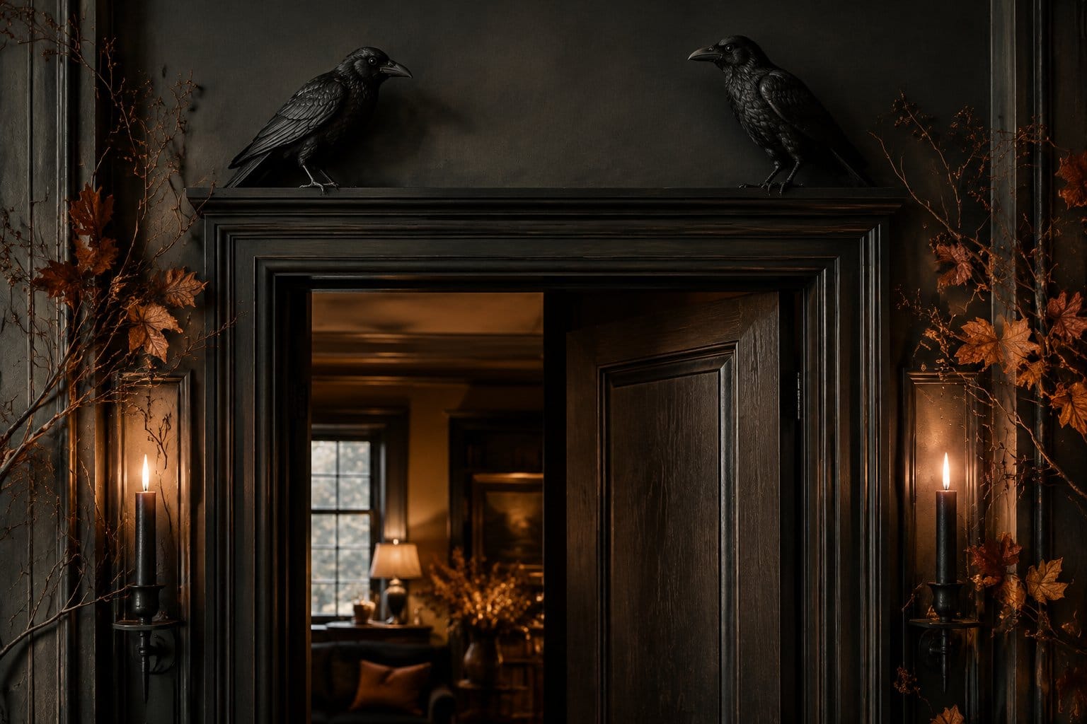 Two black raven figurines perch above a wooden doorway.