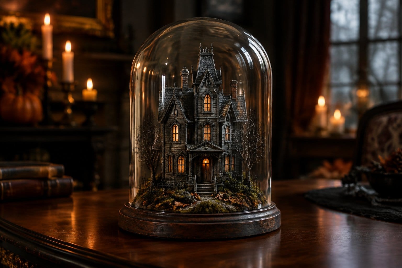 A miniature haunted mansion sits beneath a glass cloche.