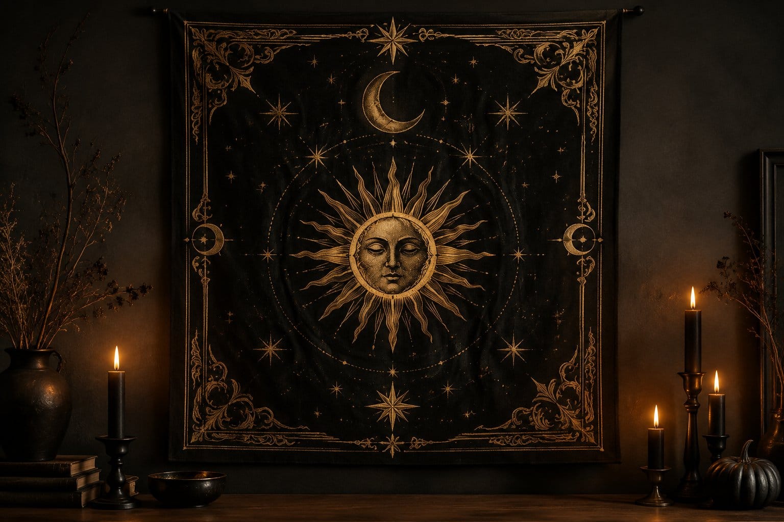A black tapestry with gold sun, moon, and star designs hangs on a wall.