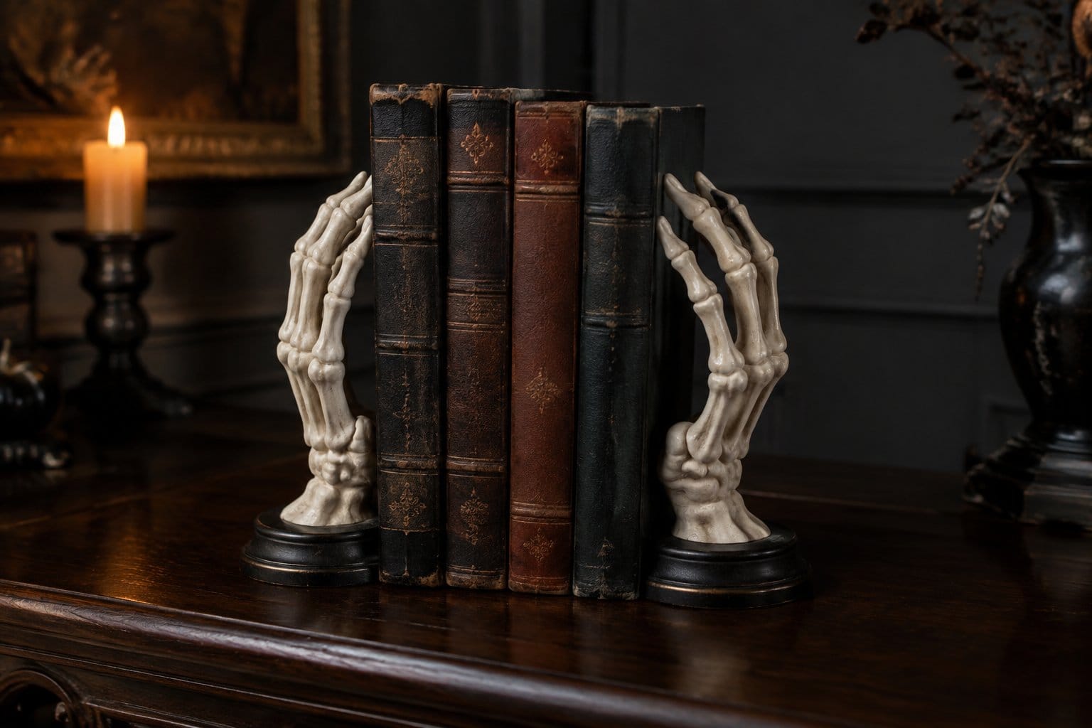 Two skeleton hands stand beside a stack of books on a side table.