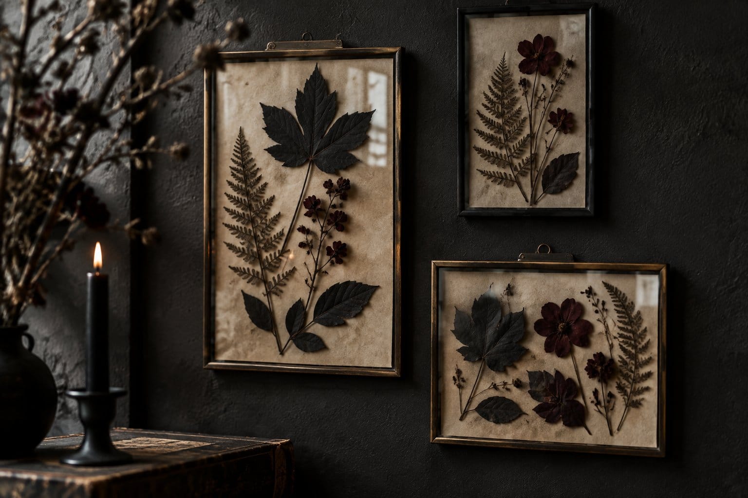 Pressed dark leaves and ferns displayed in glass frames on a shadowy wall.