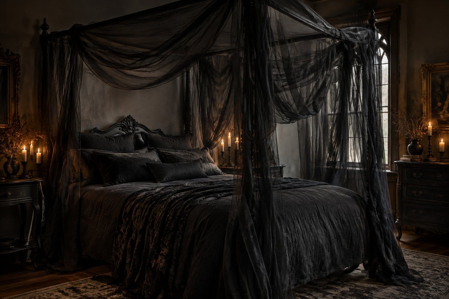 Black fabric drapes over a canopy bed in a dim bedroom.
