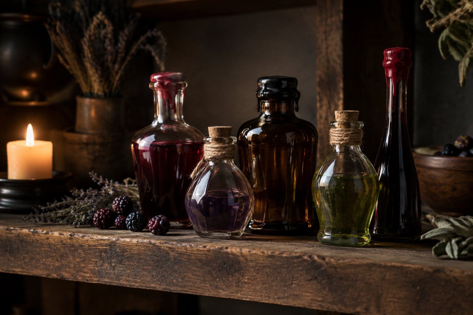 Potion bottles sealed with wax sit on a kitchen shelf.