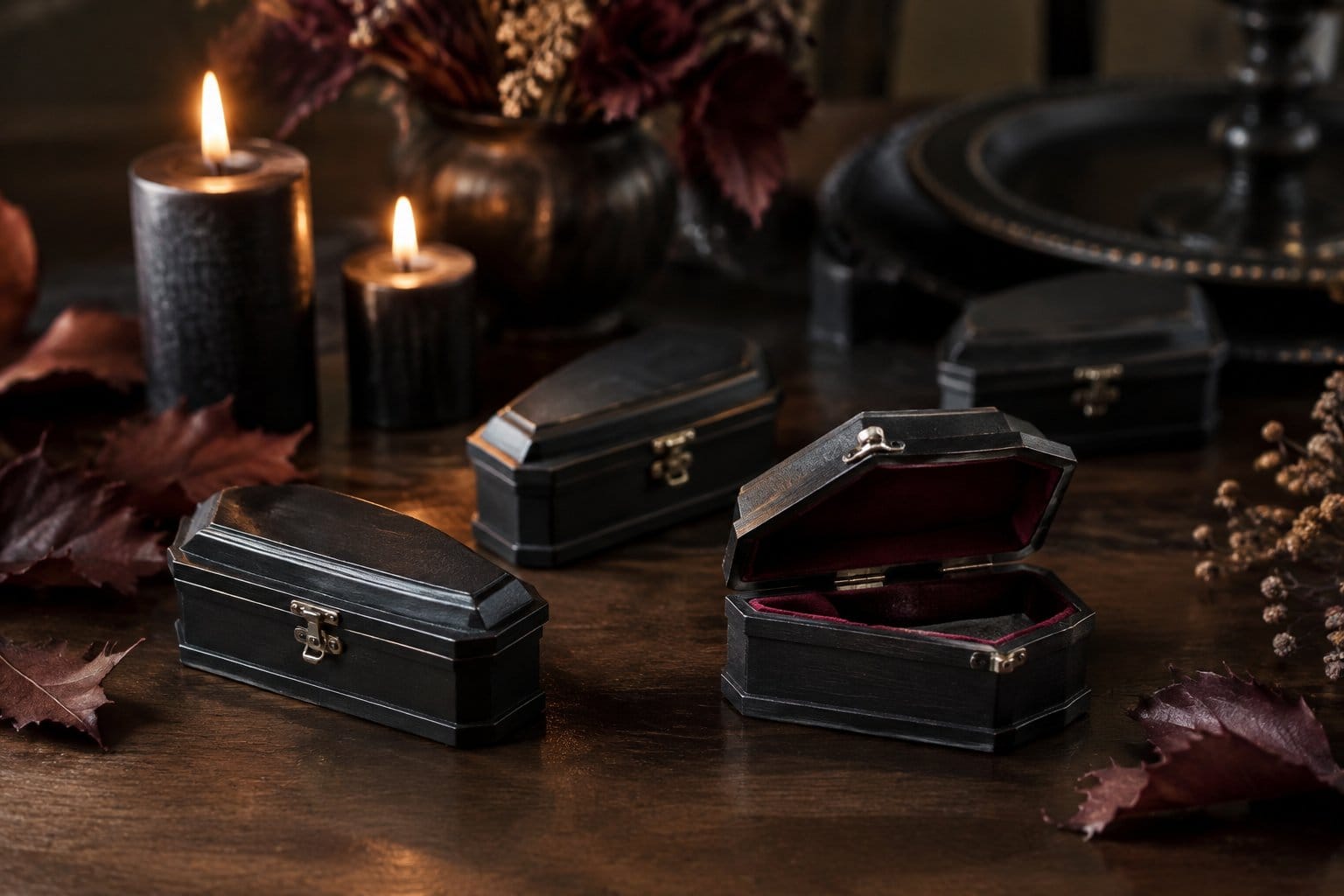 Miniature black coffin holders arranged on a decorated table.