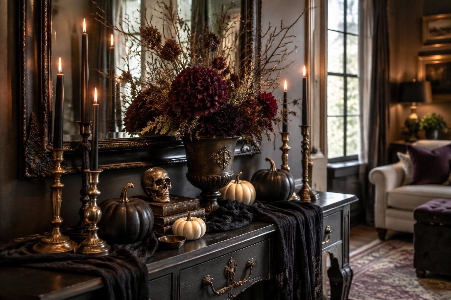 A console table decorated with candles, flowers, pumpkins, and Halloween ornaments.