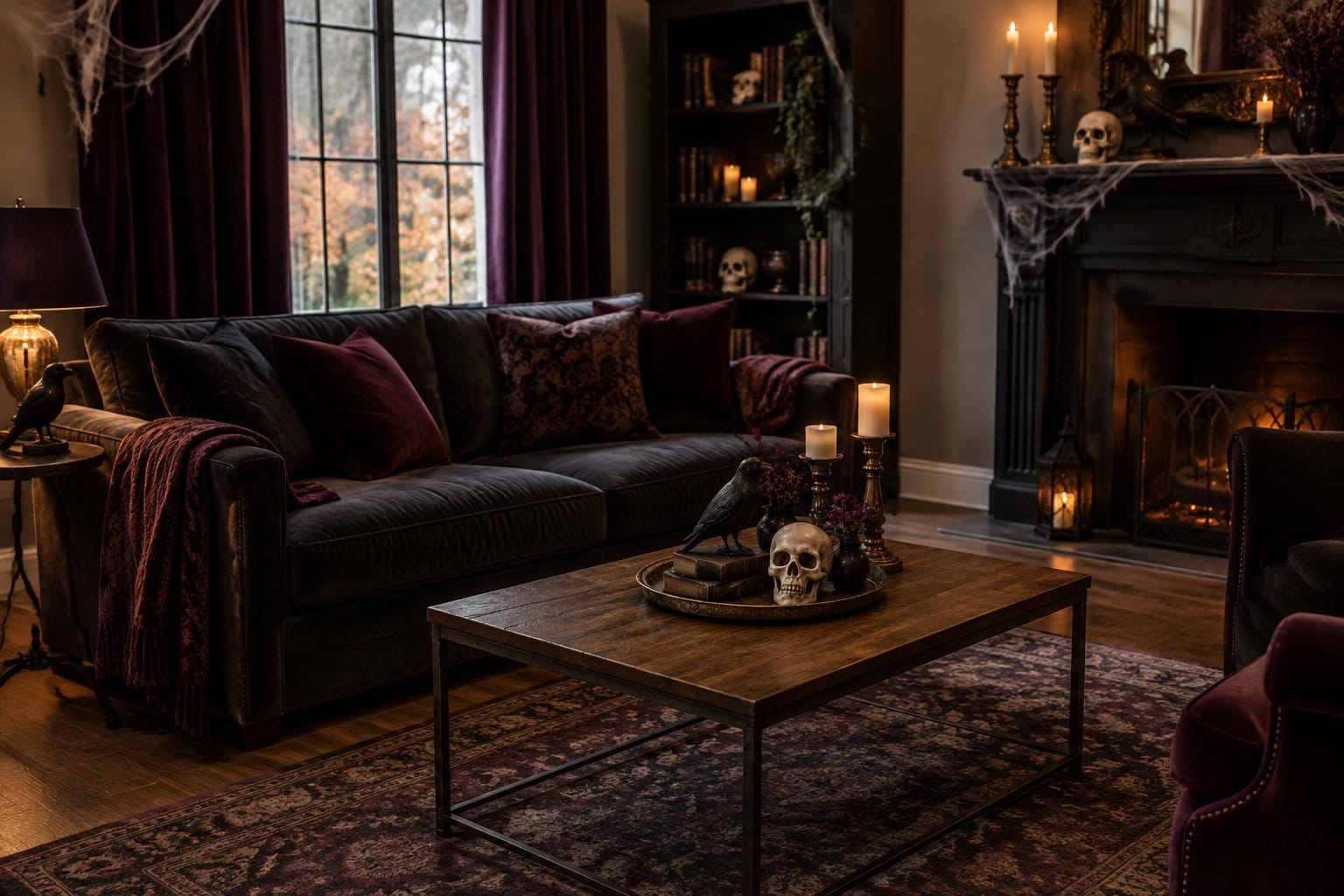 A living room decorated with dark cushions, candleholders, and Halloween ornaments.