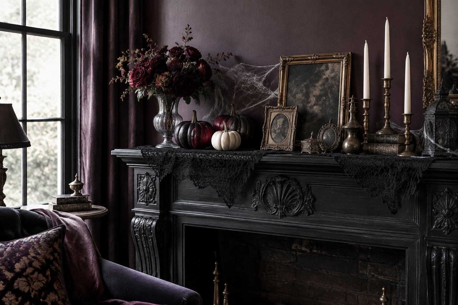 A dark mantel decorated with candles, roses, framed art, and small pumpkins.