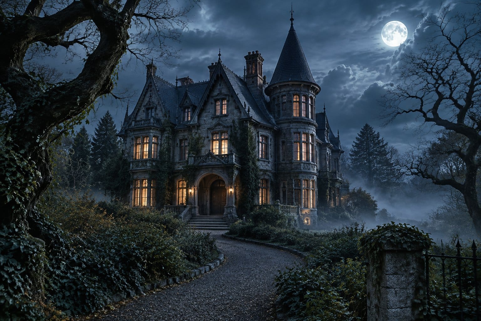 A large old mansion stands beyond a winding garden path.