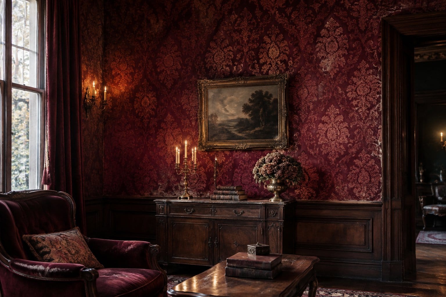 A burgundy patterned wall in an antique parlor.