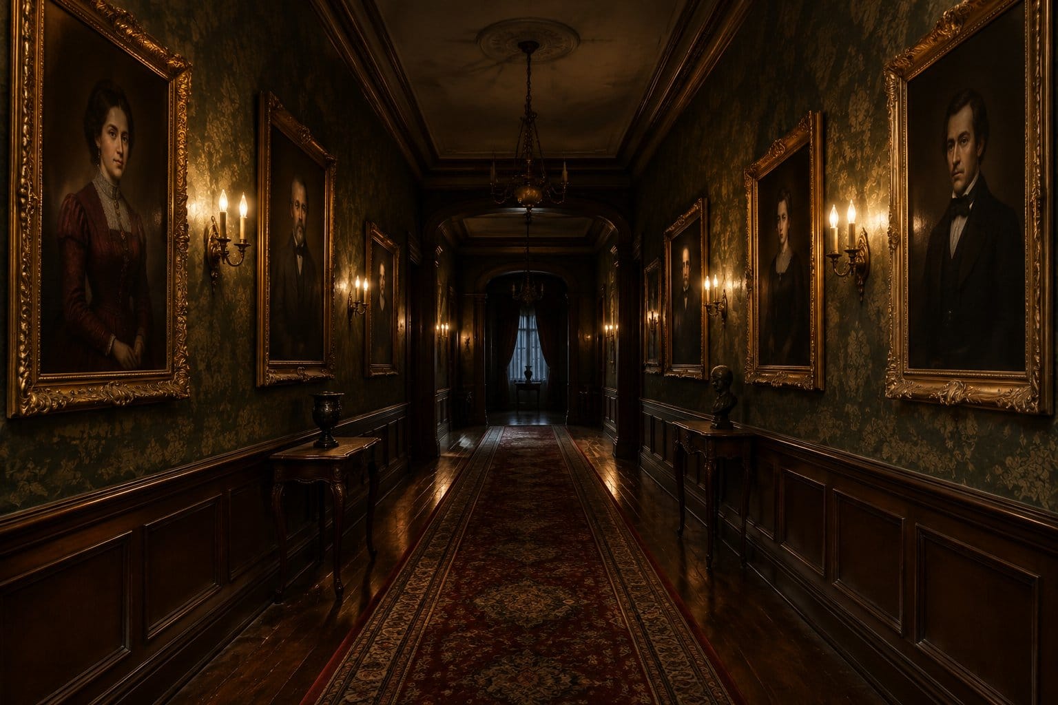 A hallway lined with framed portraits.
