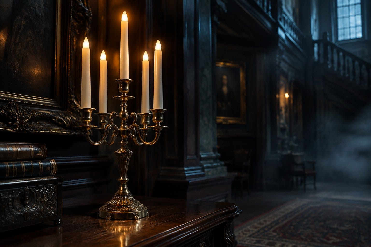 A brass candelabra with glowing candles stands on a wooden table.