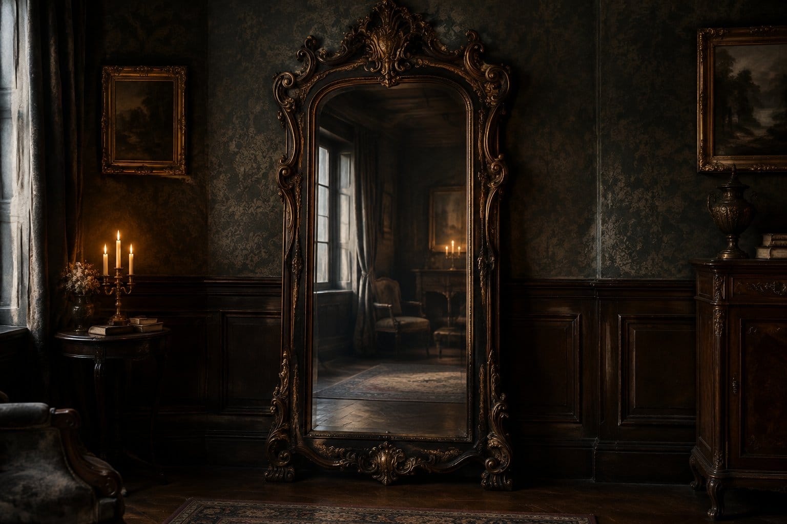 An ornate mirror stands in a dimly lit room.