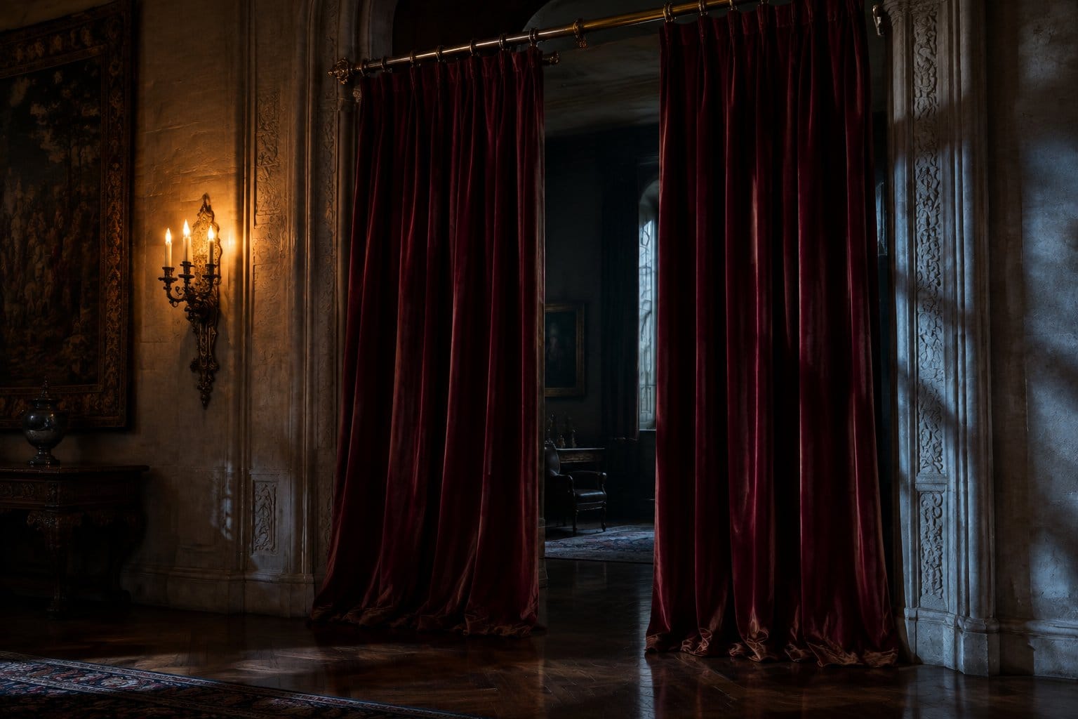 Long velvet curtains hang beside a dark wooden floor.