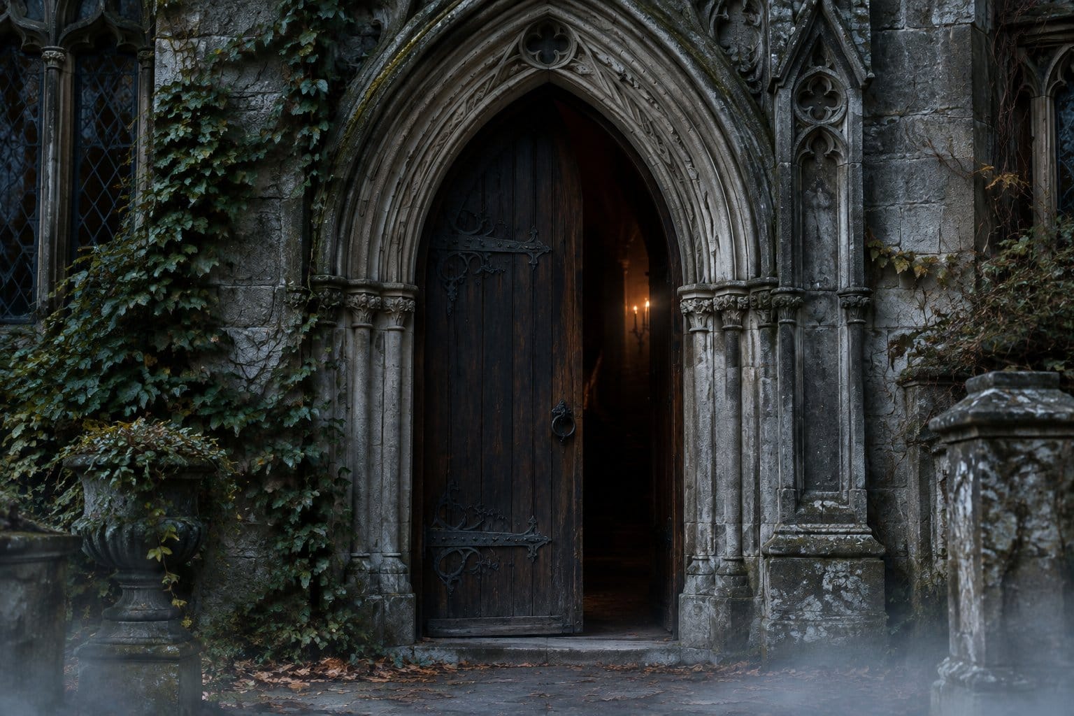A tall arched wooden doorway set in a stone wall.