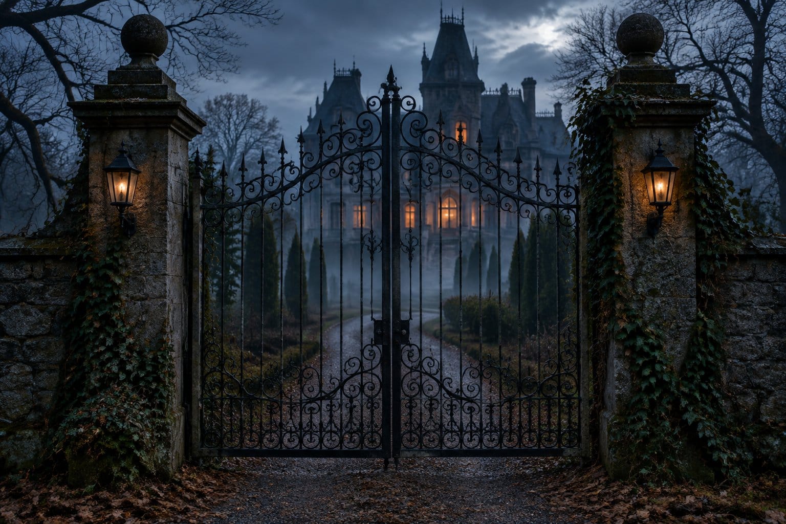 An ornate iron gate stands at the entrance to a mansion.