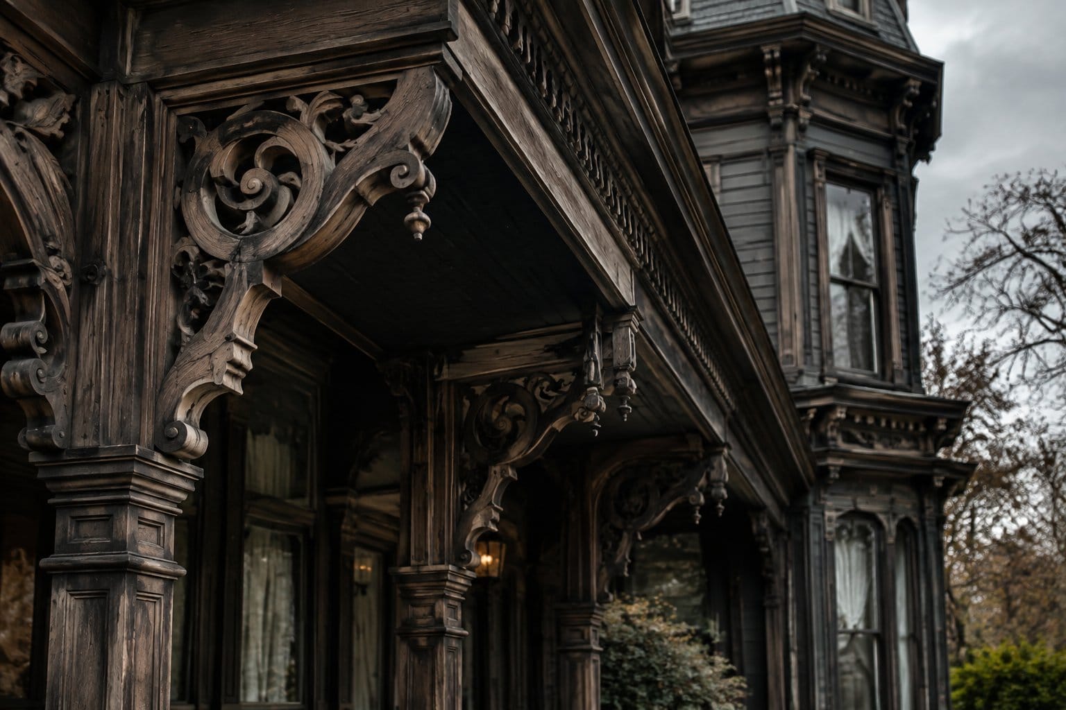 Ornate wooden brackets beneath the porch roof of a large mansion.