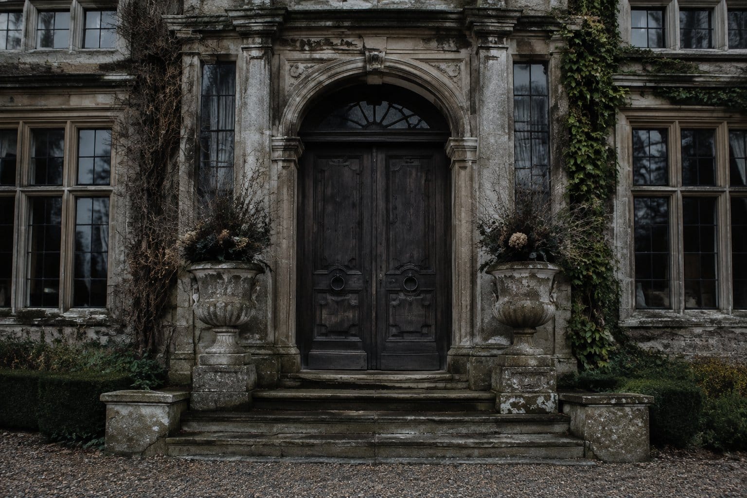 Two weathered stone urns flank the entrance to a large mansion.