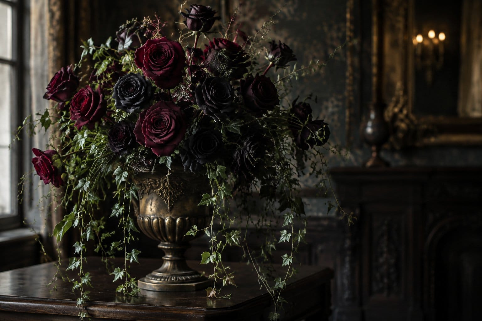 Dark roses and trailing greenery arranged in an urn on a table.