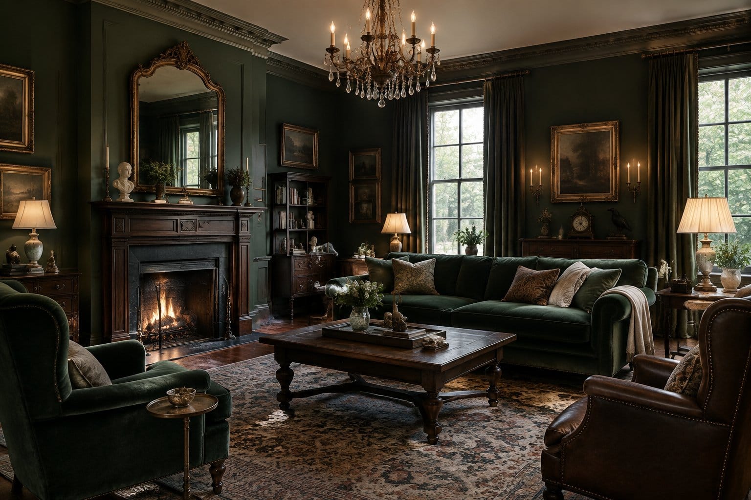 A warmly lit living room with dark walls, antique furniture, and tall windows.