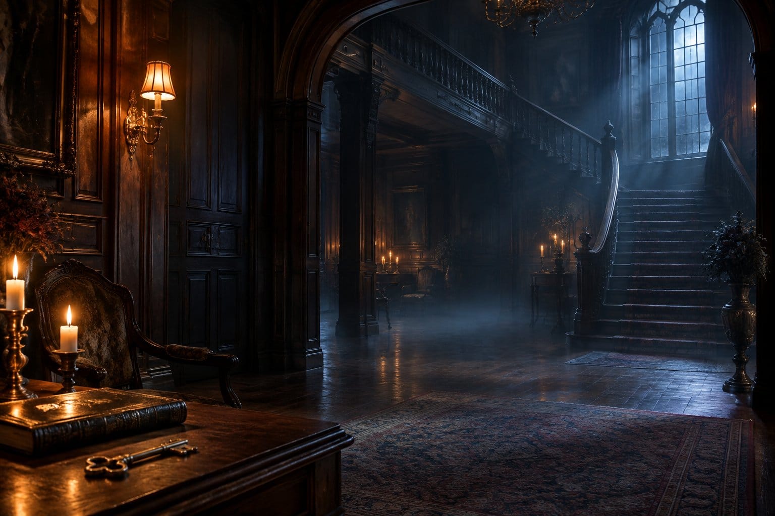 An antique staircase and furnished hallway inside a dimly lit mansion.