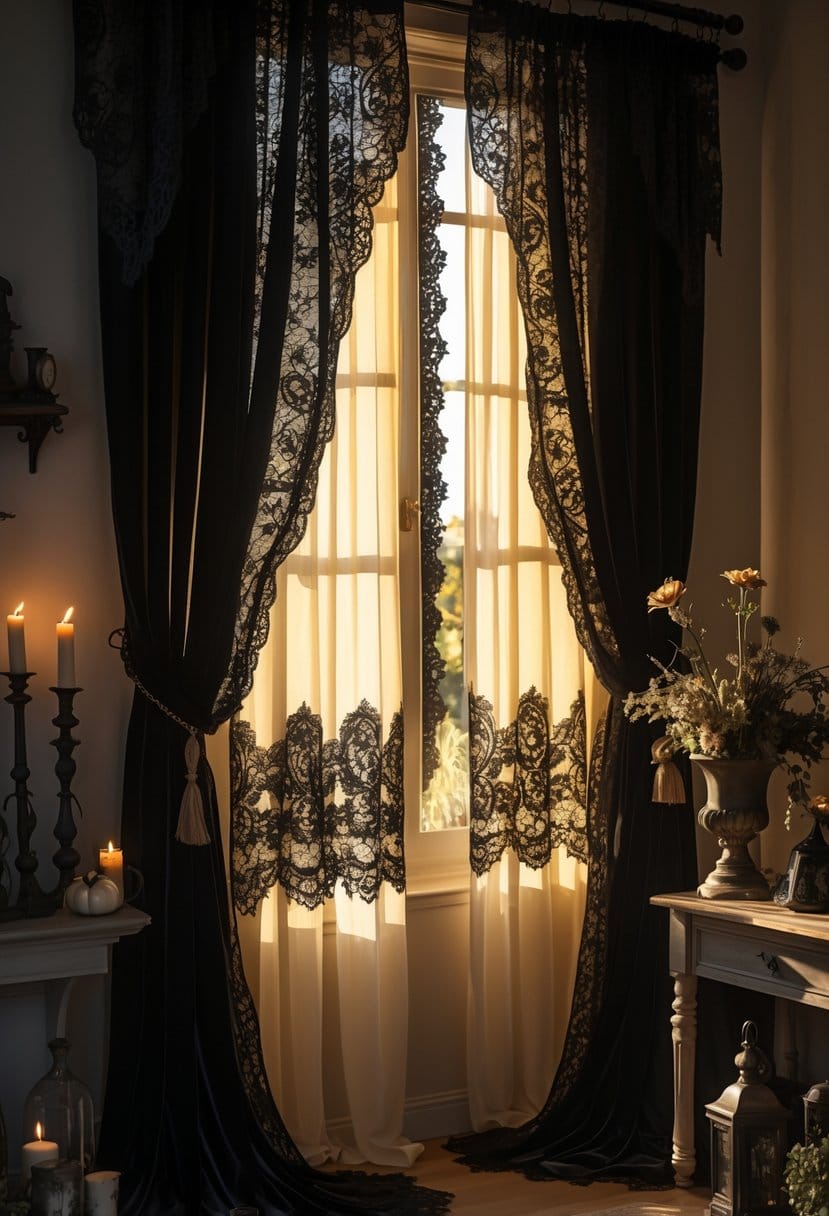 Black lace curtains illuminated by sunlight with subtle gothic Halloween decorations nearby.