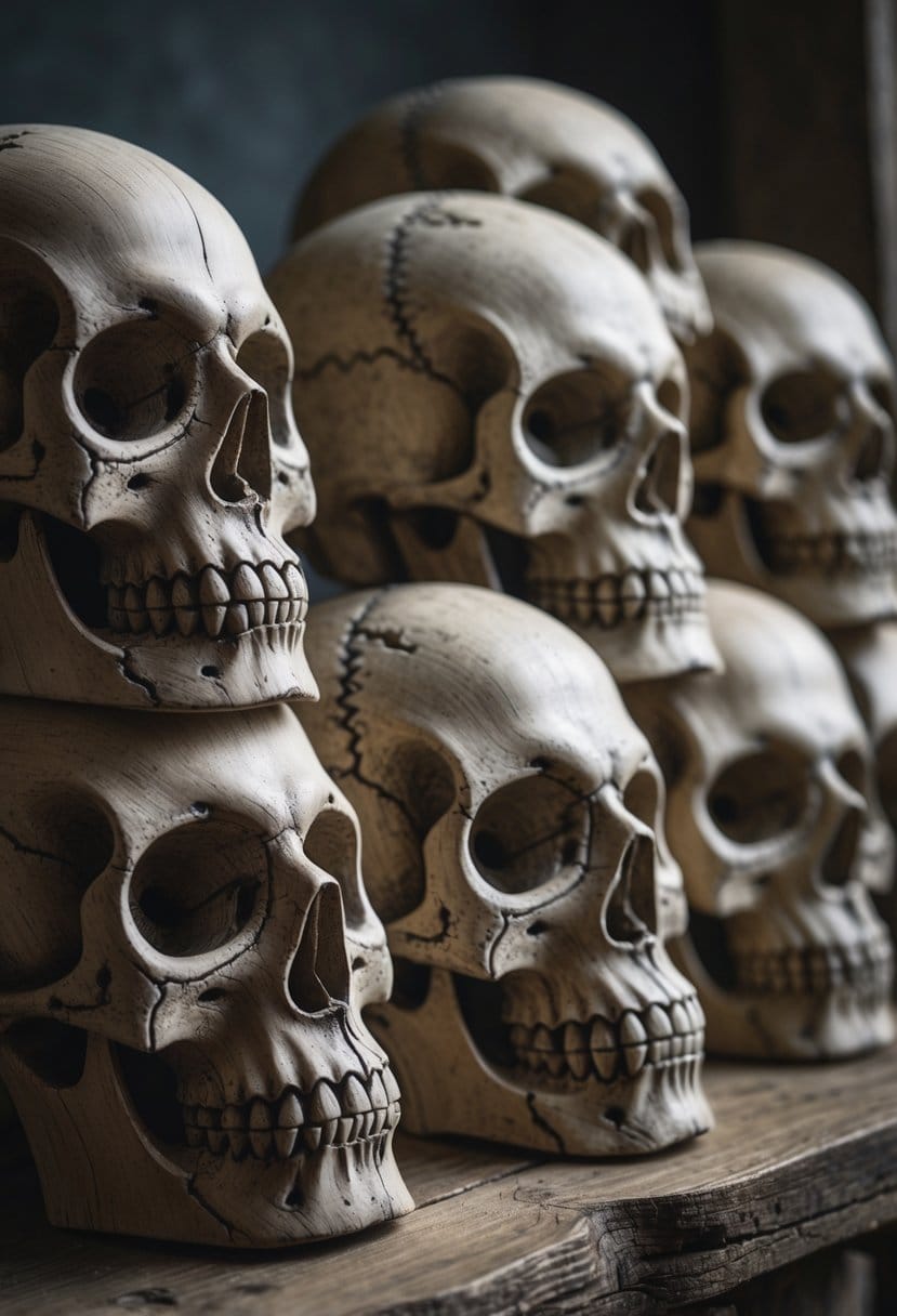 A group of aged wooden skulls with detailed carvings arranged together on a dark background.