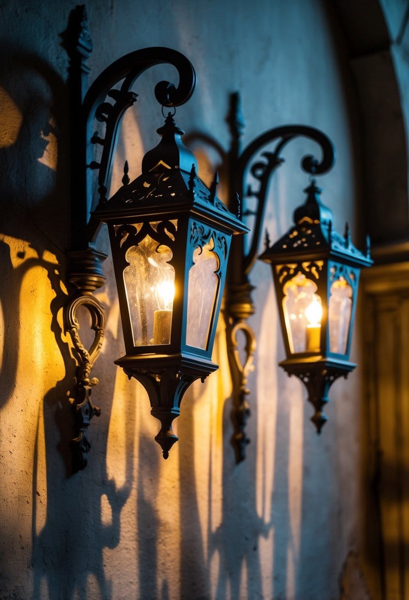 Ornate wrought iron lanterns hanging on a wall, casting detailed shadows.